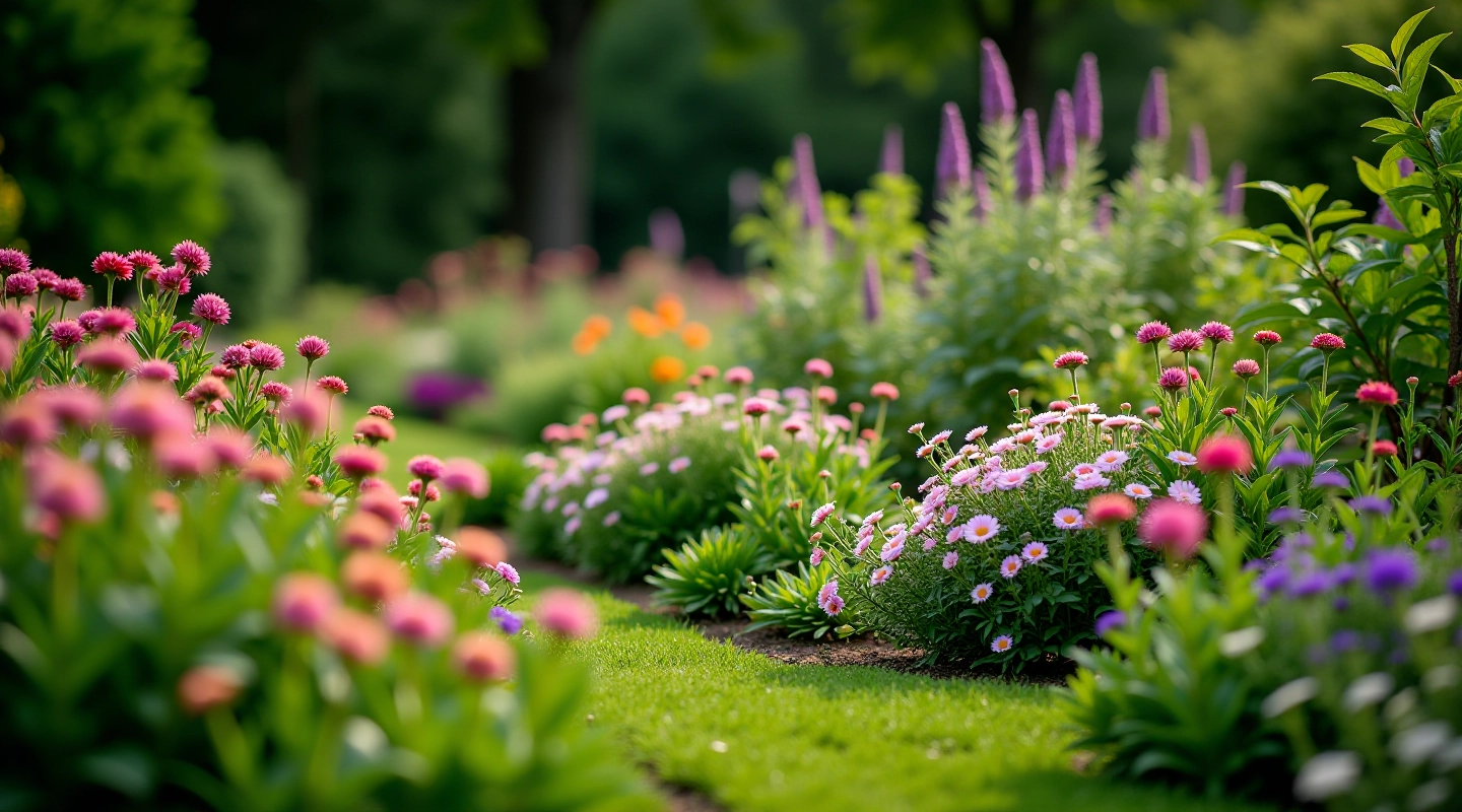 Cottage garden bed with layered perennials showing height variation and mixed plantings in full bloom