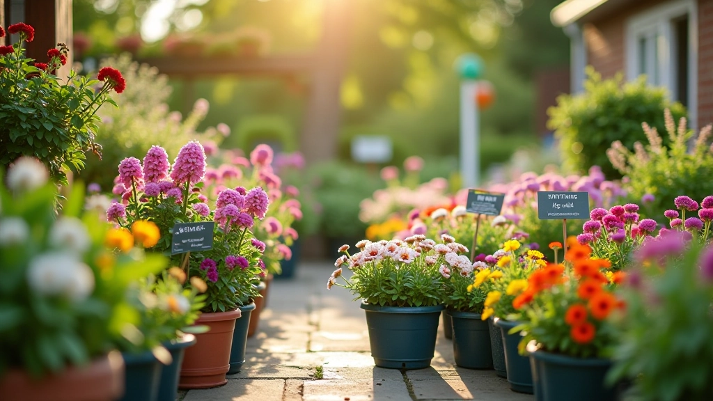 Garden center with various perennial plant labels and care instructions displayed on stakes among flowering plants