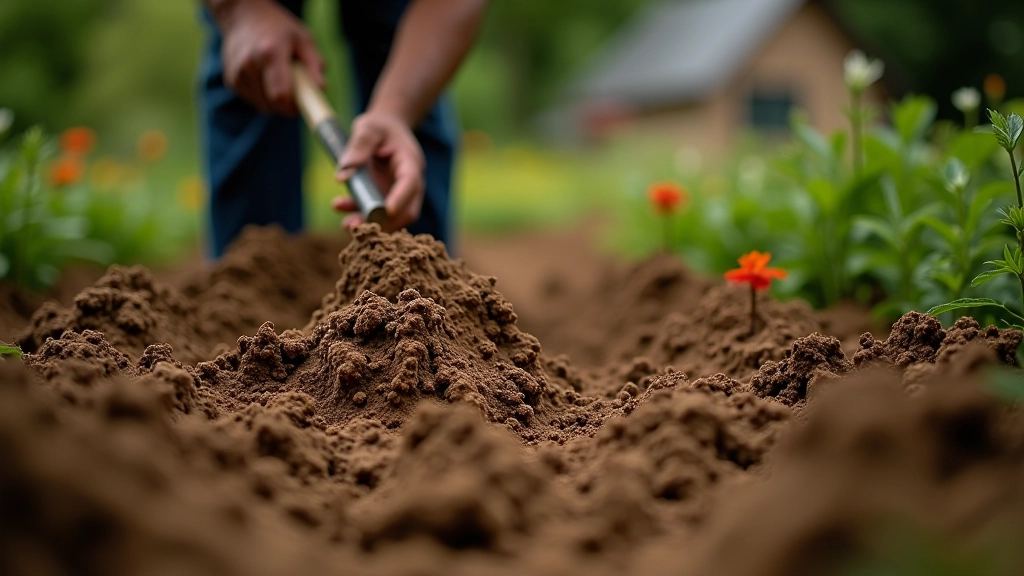 Garden soil with amendments being worked in, showing sandy coastal soil preparation
