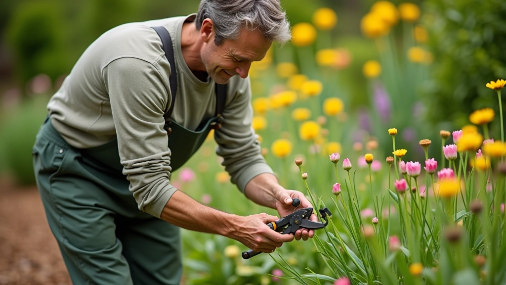 Gardener pruning dead perennial stems in early spring, holding pruning shears, mulch visible in background, morning light, close focus on hands and plants