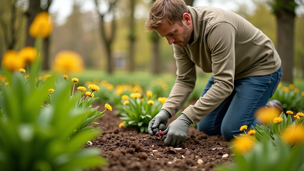 Gardener performing spring maintenance tasks on perennial bed with pruning tools and mulch visible