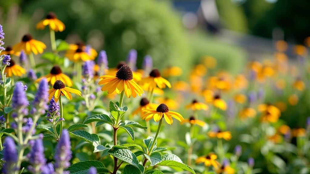 Established cottage garden bed in Pärnu showing hardy perennials in late summer with strong wind-resistant plant architecture
