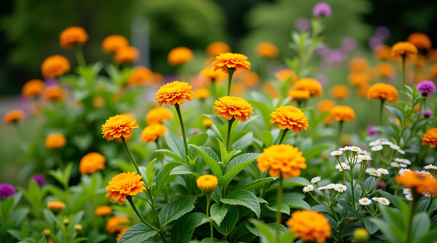 Perennial garden bed with vibrant flowering plants in bloom, lush foliage, neat garden layout, natural afternoon light, sharp focus
