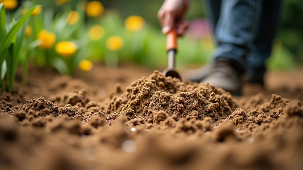 Sandy maritime garden soil with organic matter being worked in showing soil texture and amendment process