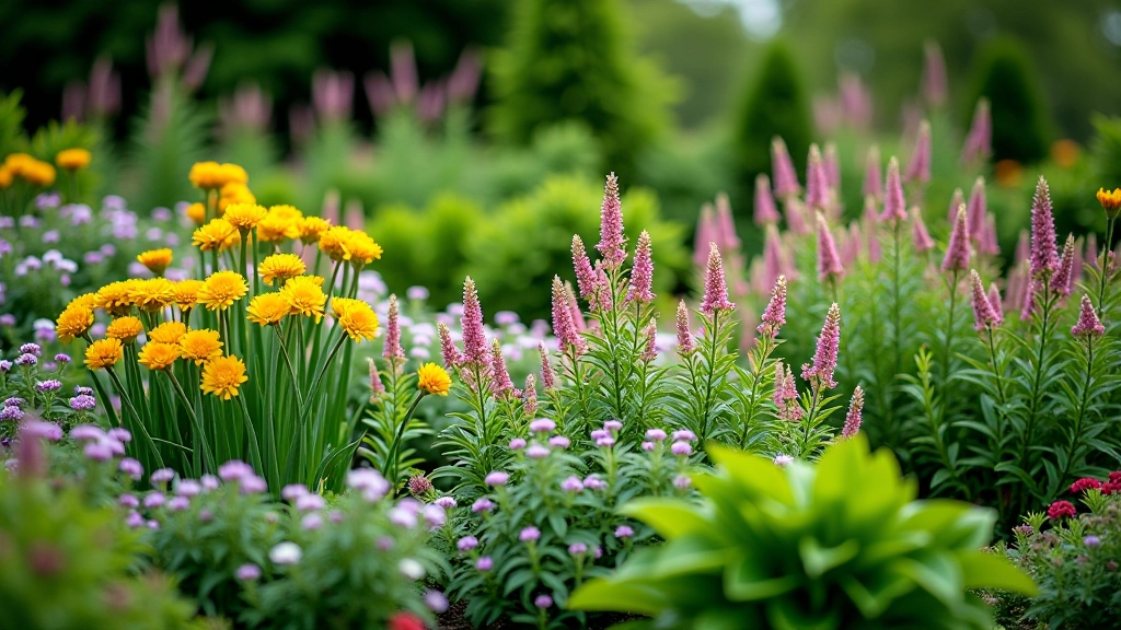 Selection of hardy perennials suited to Nordic climates showing varied foliage and flower forms