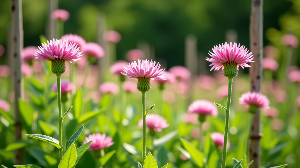 Tall perennial plants with pink flowers supported by garden stakes and twine, neat staking system visible, summer garden in full bloom, side angle view, natural light, crisp detail